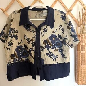 Vintage floral linen blend button up crop top cottagecore grandmacore size 14P
